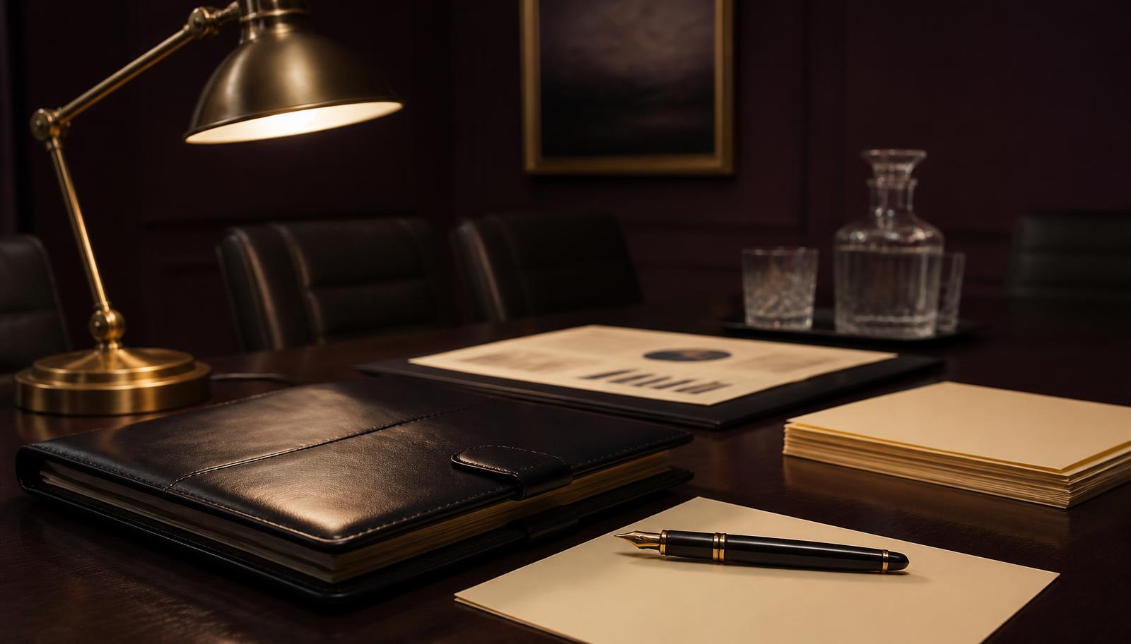 Leren portfolio, vulpen en documenten op een donkere walnoottafel in de boardroom