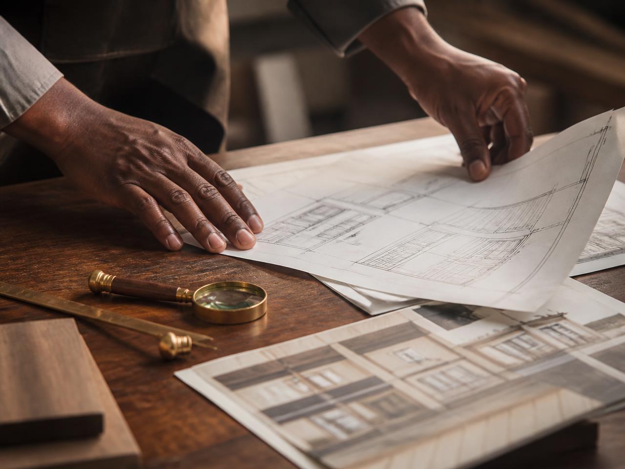 Handen die architectuurtekeningen voor een renovatie bekijken op een walnoottafel