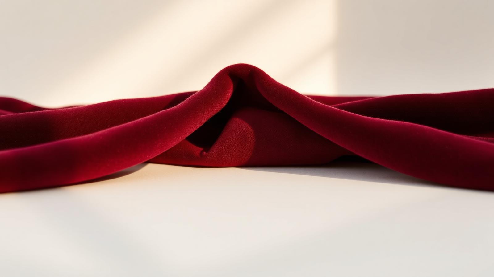 Vouwen van diep bordeauxrood fluweel in zacht licht
